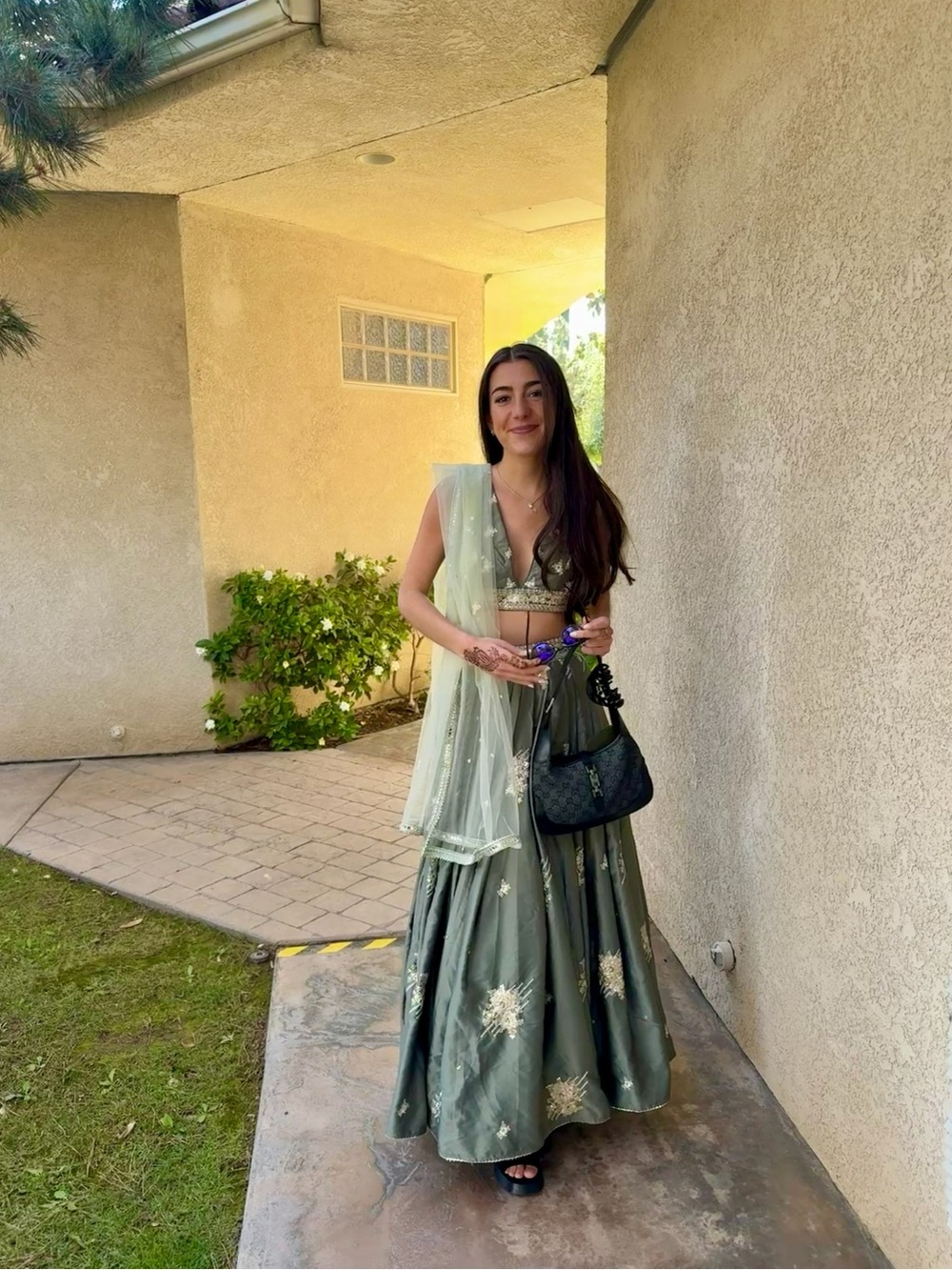 Embellished Olive Green Lehenga with Sheer Dupatta